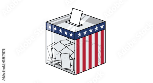Vector flat design of voting ballot box with American flag theme, election and democracy concept, white background 