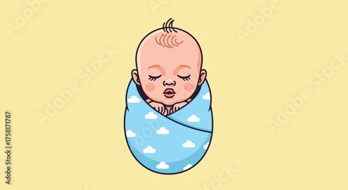 Illustration of a sweetly sleeping infant wrapped in a cloudy blanket