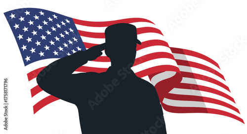 Vector flat icon of soldier salute silhouette with American flag background, patriotic concept, isolated on white background