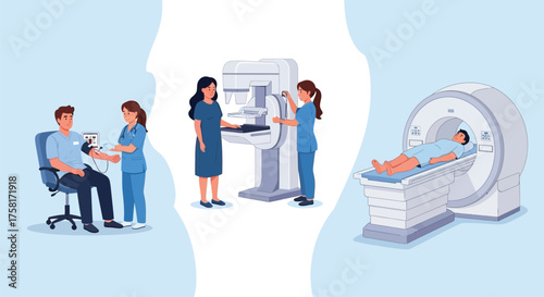 Illustrative depiction of diverse medical screenings and diagnostic procedures