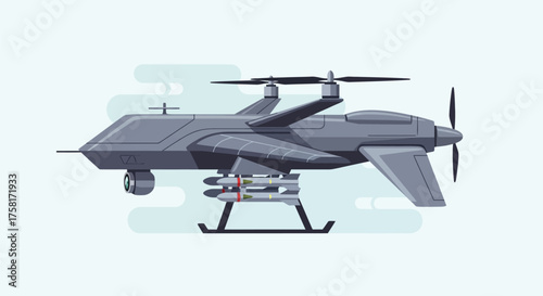 Modern Military Drone with Missiles and Propellers on Sky Blue Backdrop