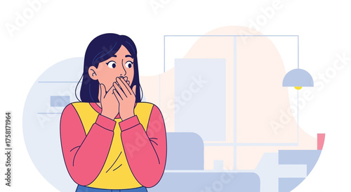 Cartoon Illustration of an Amazed Woman in a Modern Home Interior