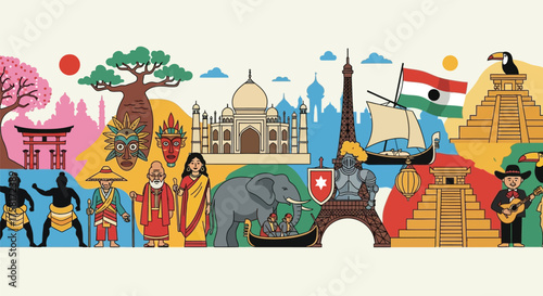 Global cultural collage featuring iconic landmarks and diverse people