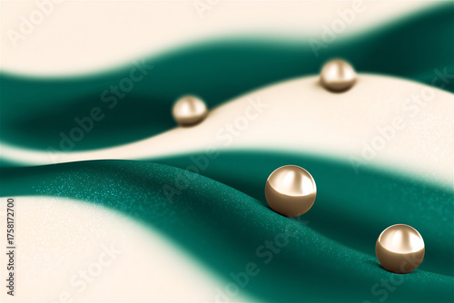 Golden and silver metallic spheres placed on wavy green and beige surface, minimal abstract background with elegant modern composition and smooth light reflections.
