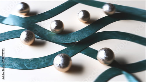 Silver spheres rolling on curved teal paths, futuristic geometric concept of motion, balance and modern minimalism with reflective surfaces.