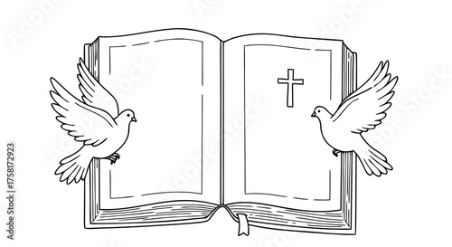 Bible with doves and a cross on an open page to celebrate Easter  