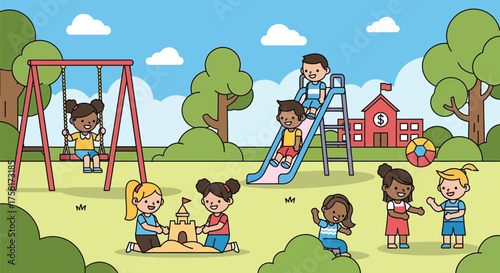 Children's playtime fun: A vivid cartoon scene in the school playground