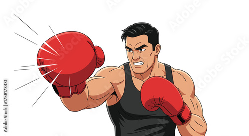 Fierce Cartoon Boxer Punching with Red Gloves in Boxing Ring Arena Illustration, Aggressive Fighter Training for Competitive Match, Strength, Power, Graphic, Sport, Action, Fitness, Victory, Attack, M