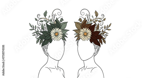 Botanical Elegance: Gemini Twins Adorned with Floral Headdresses in Minimalist Style on White Backdrop, Celebrating Duality and Natural Beauty for Wellness, Fashion, and Creative Artistry Projects (Il