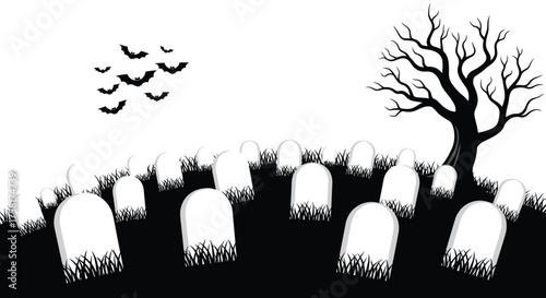Spooky Graveyard Scene with Tombstones Silhouetted Against a Bare Tree on a Hill with Bats Flying Overhead for Halloween Decoration, Scary Illustration, Dark Theme, Cemetery Graphic Design, Seasonal B