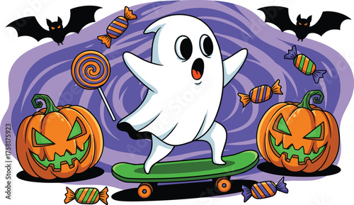 Halloween Ghost Skateboarding with Jack-o'-Lanterns, Bats, and Candy for Spooky Season Celebrations:  Festive Illustration for Holiday Events, Parties, Kids Activities, Trick or Treat Marketing, Web D