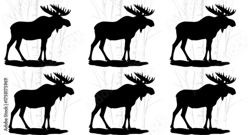 Silhouette Moose in Birch Forest: Wildlife Illustration for Nature Conservation, Northern Wilderness, & Outdoor Adventure Designs. Vector Graphic Ideal for Ecology, Forestry, and Zoological Presentati