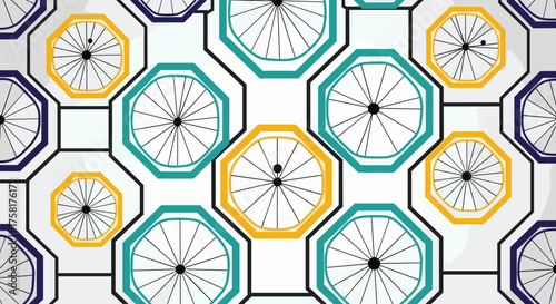 Geometric Pattern Design with Bicycle Wheels Illustration for Modern Backgrounds, Colorful Octagons, Transport Theme, Creative Vector Graphics, Abstract Wallpaper for Biking Events, Presentation Templ