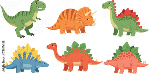 Friendly Cartoon Dinosaurs Posing Together on White Background, Educational Paleontology Illustration for Children's Book, Prehistoric Wildlife Adventure, Colorful Reptile Characters, Jurassic, Mesozo