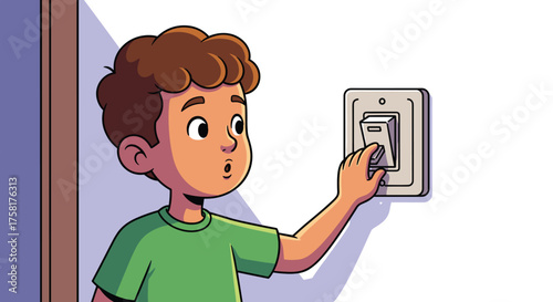 Cartoon Boy Turning On Light Switch in Room at Home, Illustration for Energy Conservation Awareness, Child Safety Education, and Electrical System Concepts, Bright Colors, Modern Design, Creative Proj