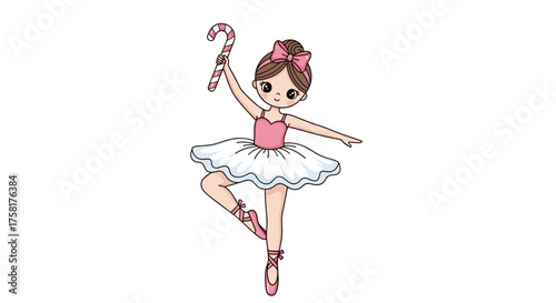 Cute Ballerina Dancing with Candy Cane in Whimsical Christmas Scene, a Festive Ballet Illustration for Holiday Cheer and Dance Enthusiasts, Featuring a Sweet Dancer in Tutu with Ballet Slippers for Ch