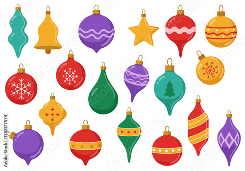 Colorful Christmas Ornaments Collection with Various Shapes and Designs.