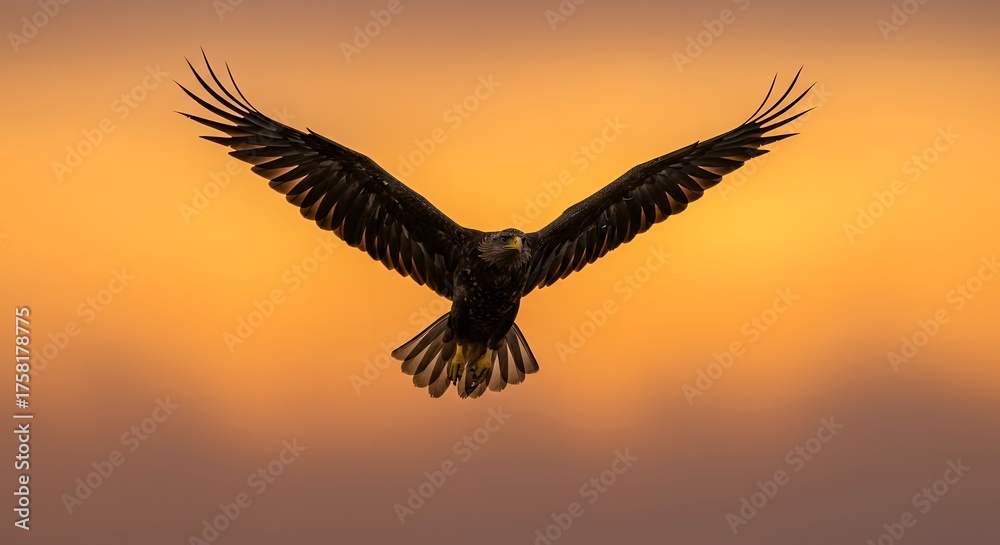 Fototapeta premium Dynamic action photograph of a powerful eagle soaring across dramatic sunset clouds glowing with fiery orange and red hues