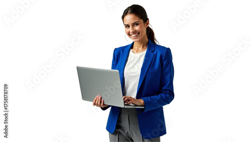 Happy young businesswoman in smart casual attire holding a laptop. Confident female entrepreneur on isolated background