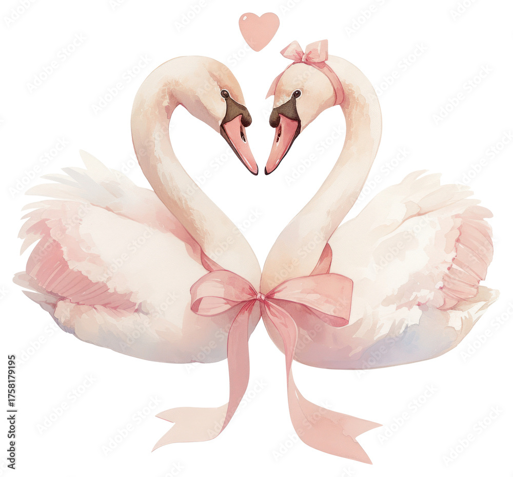 Fototapeta premium PNG Coquette christmas swans illustration ribbons heart.