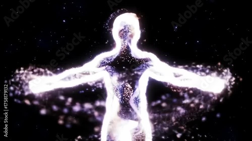 Abstract figure composed of light particles against starry background