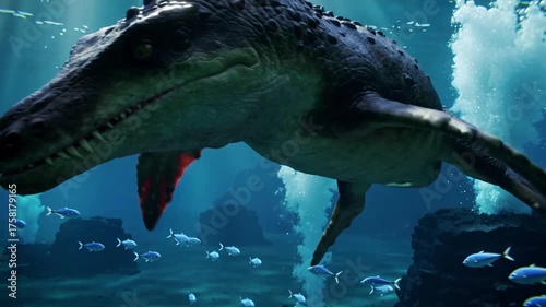 Cinematic UHD: Majestic Mosasaurus Gliding in Prehistoric Ocean. Underwater Documentary of Cretaceous Marine Reptile Predator Hunting in Deep Water with Sunbeams and Realistic Bubbles.