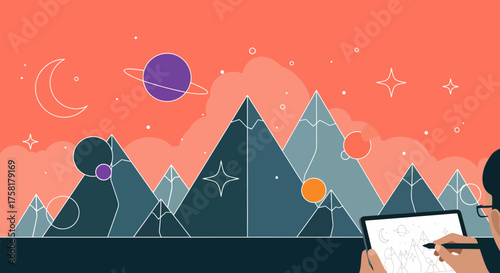 Stylized Mountain Landscape with Celestial Elements and a Person Creating Art