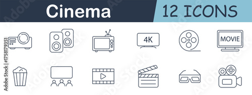 Cinema set icon. Projector, speakers, old TV, 4K screen, film reel, movie monitor, popcorn, audience, play icon, clapboard, 3D glasses, vintage video camera.