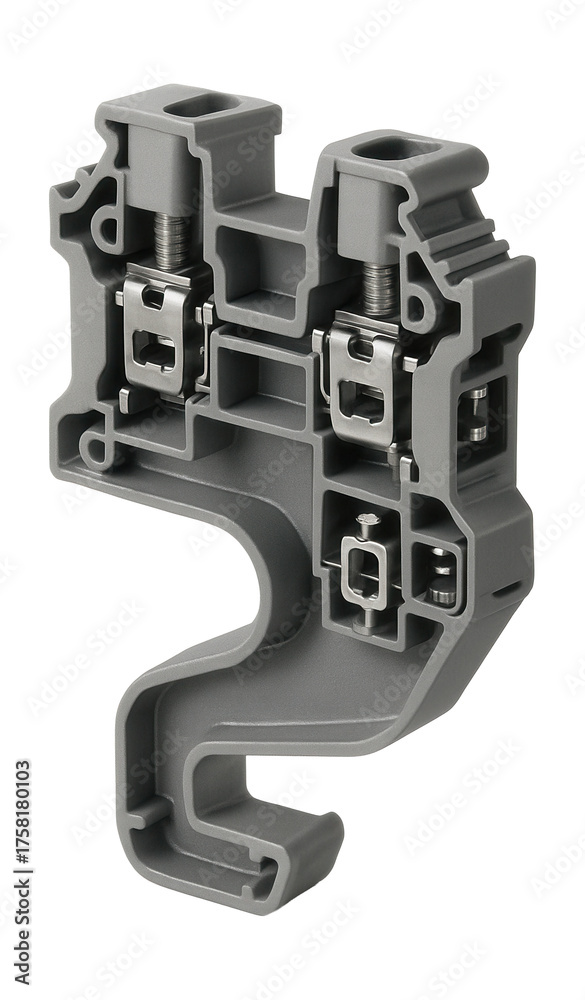 Naklejka premium Bendable DIN rail terminal block for tight spaces in residential attic junction boxes.