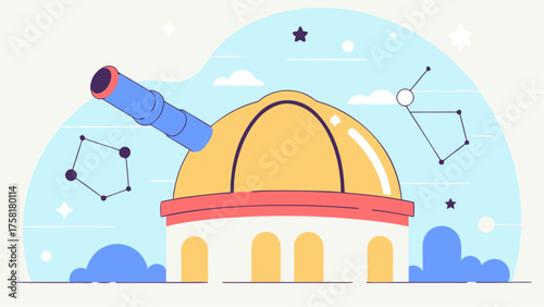 Explore the cosmos with a charming observatory, perfect for science education, children's books, and astronomy-themed projects, ideal for a modern, clean design