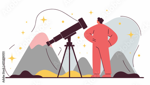 Intrepid explorer gazing through telescope at distant stars, charting new frontiers, adventure and discovery in a vast cosmic landscape, awe and wonder