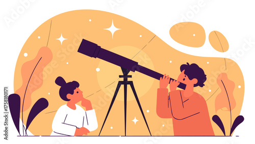 Enthusiastic stargazers exploring the cosmos together with a telescope, a captivating scene of discovery and wonder, perfect for educational projects