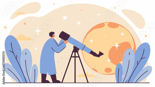 Inspiring astronomer gazing at the stars and moon with telescope, fueled by curiosity and wonder, dreaming of cosmic discovery in a peaceful setting