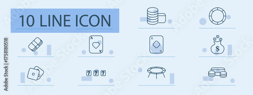 Casino set icon. Stack, chip, cards, dollar, king, bag, dice, slot, board, tokens. Gamble, profit, risk, bet, chance, luck, fortune, prize, money, entertainment.