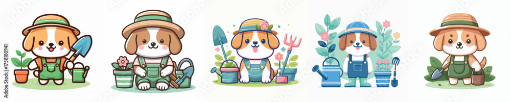 Fototapeta premium Cute Gardening Dog Mascot Collection – Adorable Puppy Farmer with Plants and Tools Cartoon Vector Set