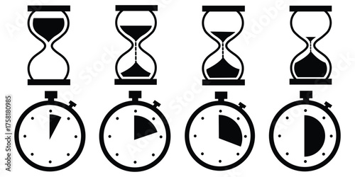 Set of colorful hourglasses vector icons. Sandglass timer symbol for passage of time, deadline, and countdown. Simple flat cartoon illustration of sand clock collection
