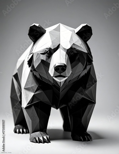 Dynamic firefly abstract origami bear in monochrome palette studio setting 3d artwork geometric design