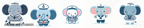 Cute Elephant Sailor Character Set, Adorable Nautical Animal Illustration in Cartoon Style