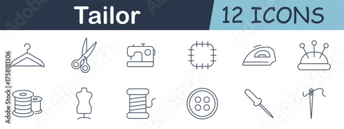Tailor set icon. Clothes hanger, scissors, sewing machine, patch, iron, pincushion, thread rolls, mannequin, spool, button, needle, dropper, stitching items.