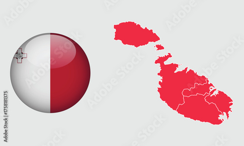 Dual-Format Republic of Malta National Identity Badge:Glossy 3D Flag Sphere with George Cross and Solid Red Segmented Administrative Map Vector Illustration
