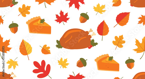 Seamless Thanksgiving pattern with roasted turkey, pumpkin pie, acorns, and colorful autumn leaves on a white background.