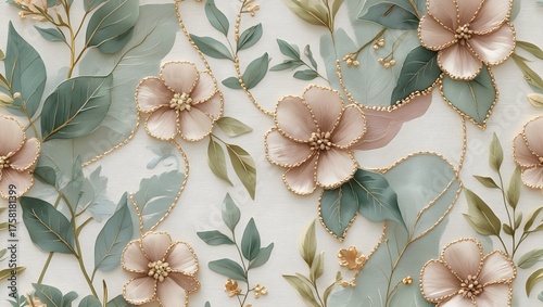 Seamless wallpaper with delicate watercolor leaves and flowers, satin-thread embroidery and subtle bead accents, linen texture background, soft sage, blush, cream, and warm gold highlights.