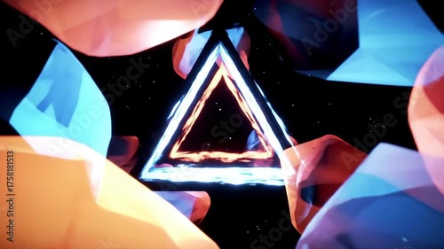 Abstract geometric tunnel with colorful light streaks and shapes