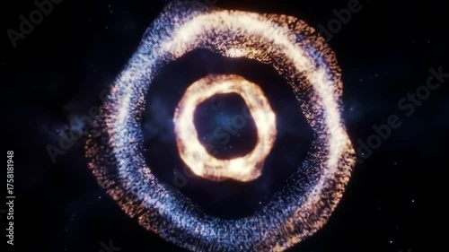 Abstract glowing particle rings in dark space background