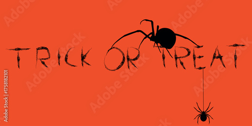 Dangerous spiders, vector design for a Halloween card, "Trick or Treat" lettering, handwritten text in grunge style, graphite texture. Happy Halloween, horror, scary lettering, poisonous black widow