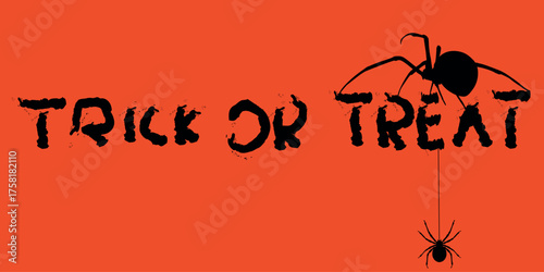 Trick or treat, handwritten graphite text, grunge texture, spooky lettering, Halloween-themed design. Halloween card, bag print, poisonous black widow spiders, phobia, horror, arachnids