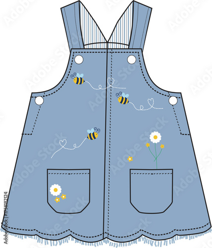 girls denim frock flower with honey bee print vector design