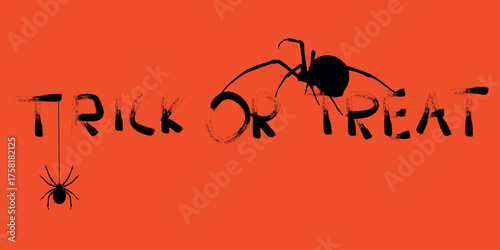Happy Halloween, trick or treat handwritten lettering, grunge text, texture, scary charcoal lettering. Halloween card, orange background, arachnids, black widow, dangerous spiders, horror lettering