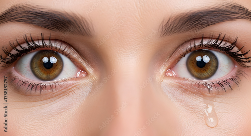 Obraz premium An extreme close-up of a woman's beautiful brown eyes shows a single tear drop rolling down her cheek expressing sadness