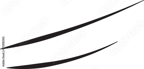 Two sharp, long, abstract vector curved lines tapering to points, suggesting speed, motion, or a dynamic swoosh effect. Simple black and white graphic element.